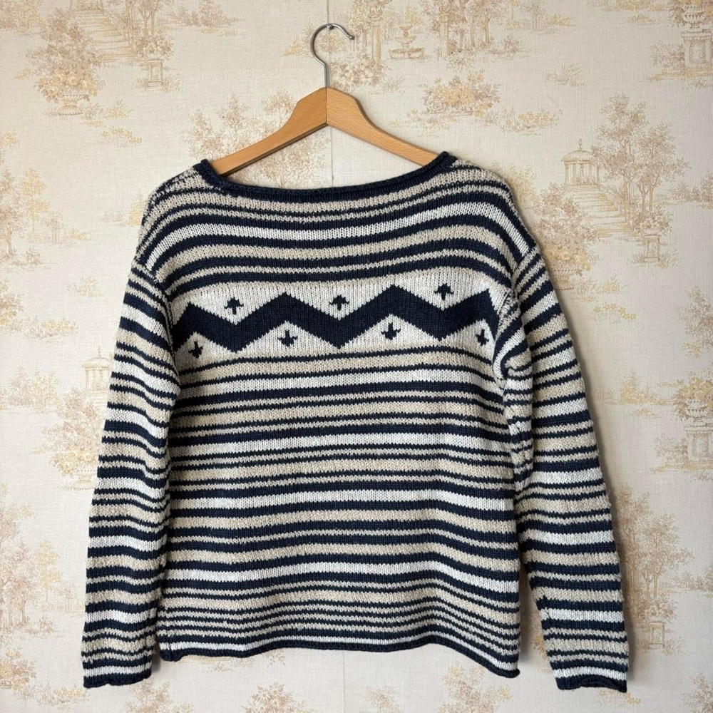 Vintage LRL Lauren Jeans Co. Ralph Lauren wool blue cream stripe sweater L - Picture 5 of 7
